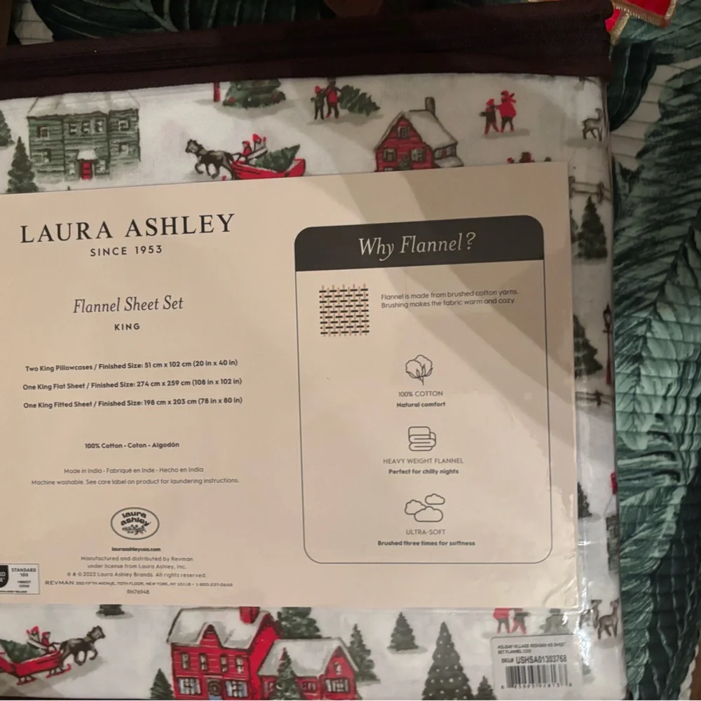 Laura Ashley Festive Holiday village king Flannel Sheet Set - Red and Green